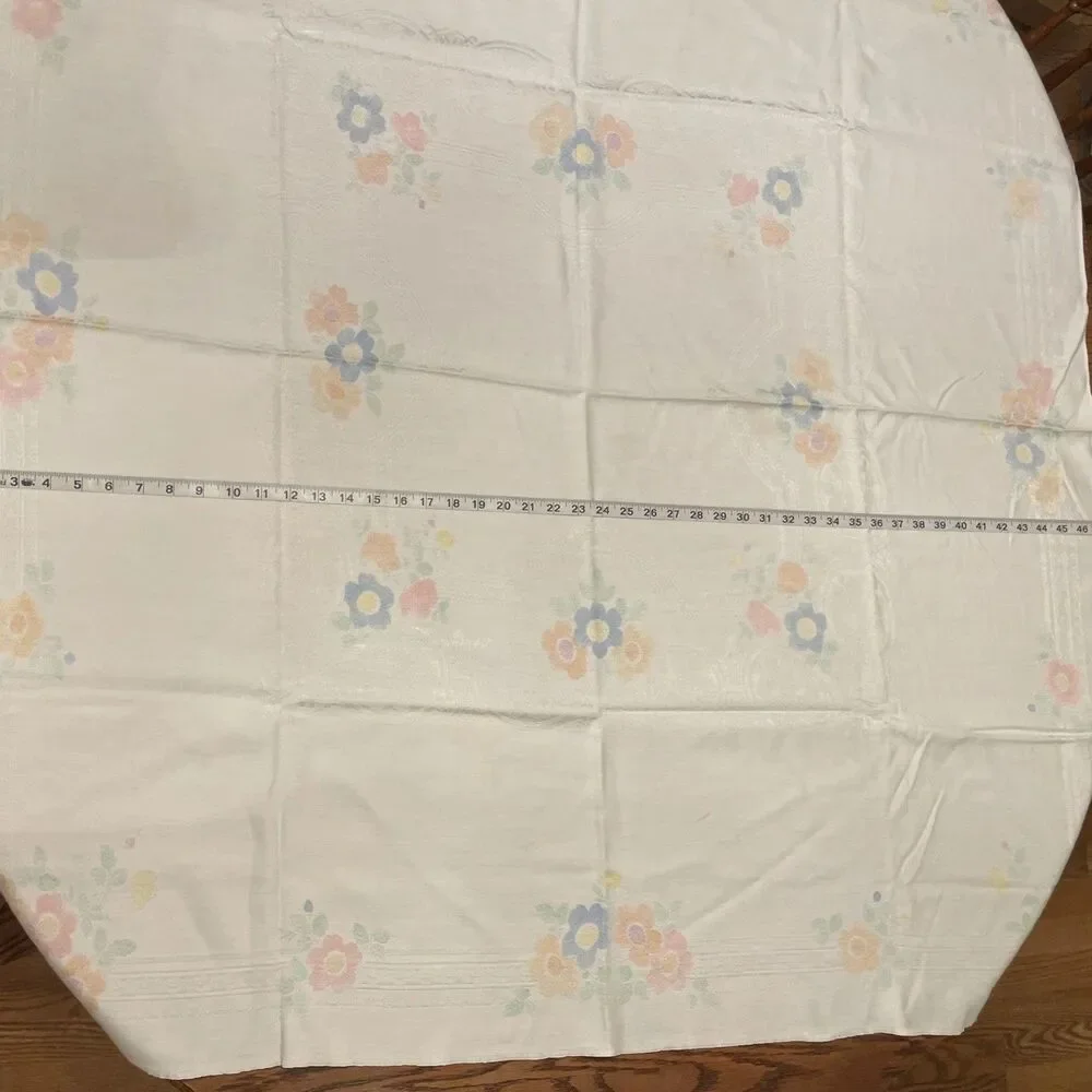 Vintage White Damask w/ Pink Blue Peach Green Floral Tablecloth 51”x47” Cottage